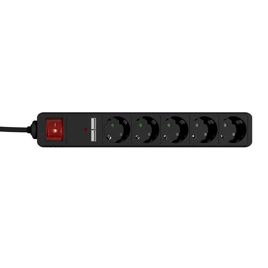 Razvodnik nap.GEMBIRD SPG5-U2-5-02, crni, Prekidač, 5 uticnica, 1,5 M, prenaponska zaštita 2x USB port