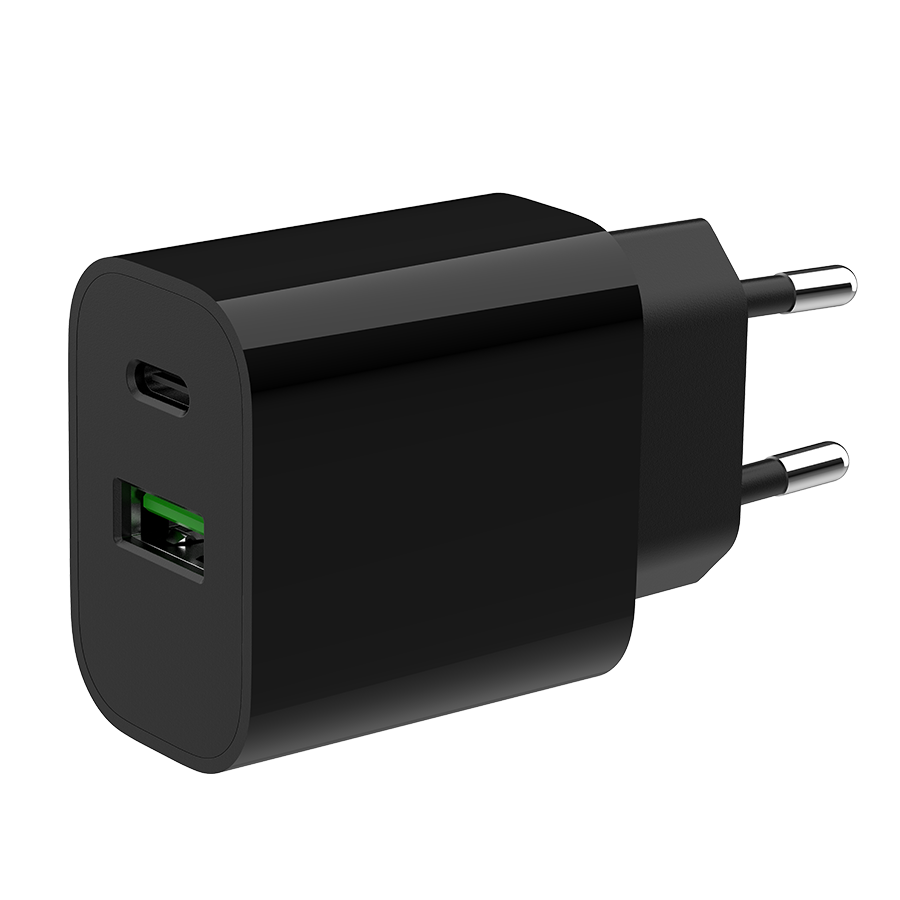 USB punjač 1xType-C + 1xUSB-A fast charger, 20W, black GEMBIRD, TA-UC-PDQC20-01-BK