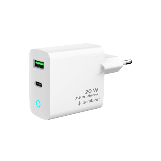 USB punjač 1xType-C + 1xUSB-A fast charger, 20W, white, LED, GEMBIRD, TA-UC-PDQC20L-W-01