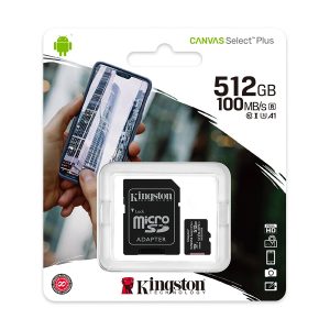 Micro SD card Kingston 512 GB SDHC SDCS2/512GB Class10 Canvas Select Plus SD adapter;100MBs Read,Class 10 UHS-I