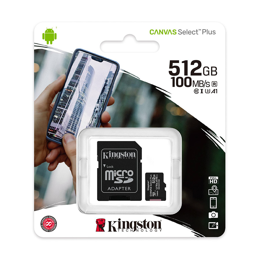 Micro SD card Kingston 512 GB SDHC SDCS2/512GB Class10 Canvas Select Plus SD adapter;100MBs Read,Class 10 UHS-I