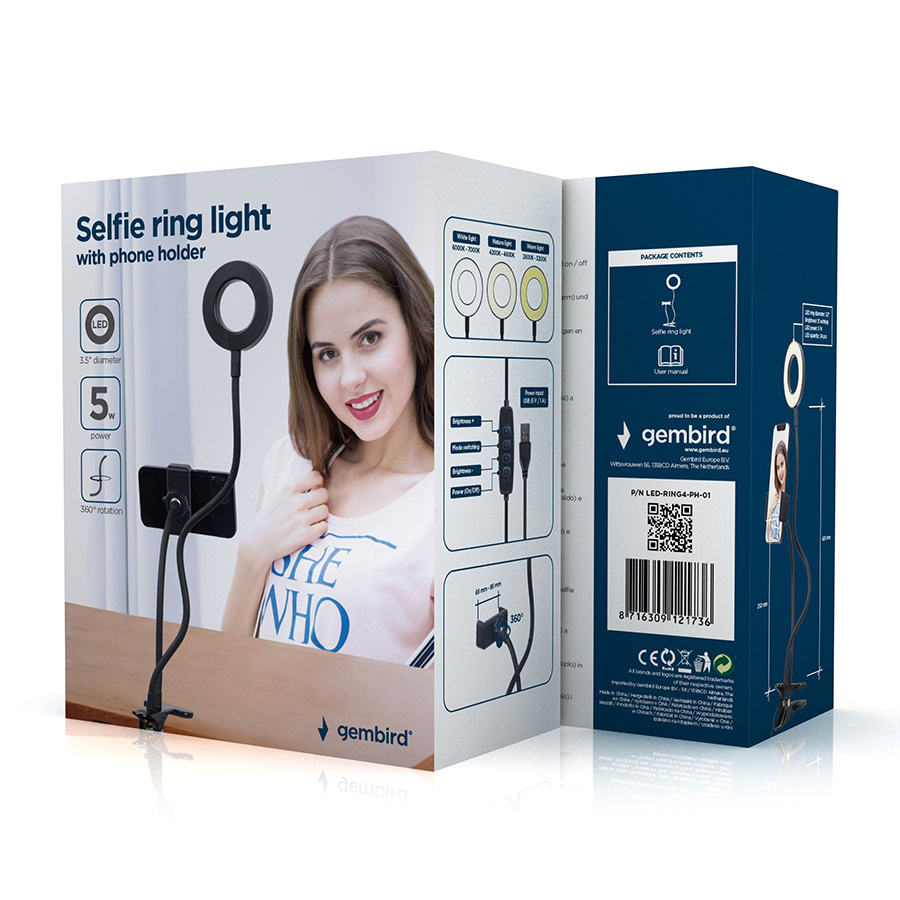 LED Ring GEMBIRD, Selfie ring light with phone holder, LED-RING4-PH-01 - Image 3