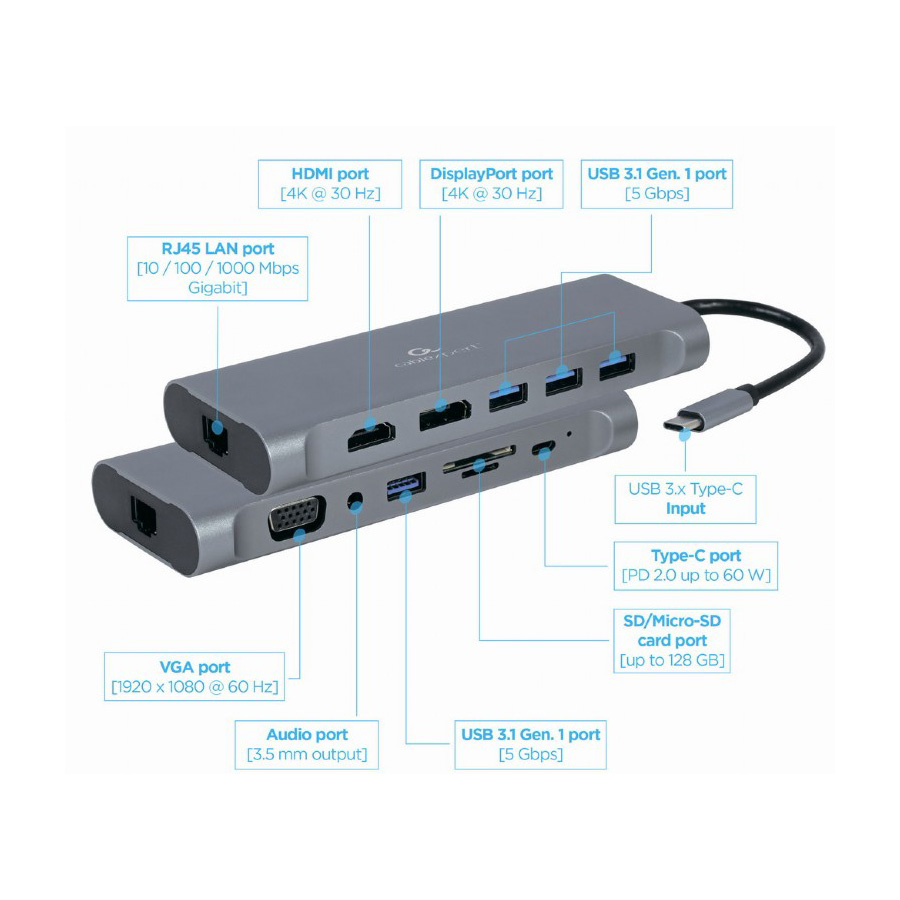 Docking station USB adapter Type-C 8-in-1 multi-port adapter Hub3.0 + HDMI + DisplayPort + VGA + PD + card reader + LAN+audio, GEMBIRD A-CM-COMBO8-01 - Image 2