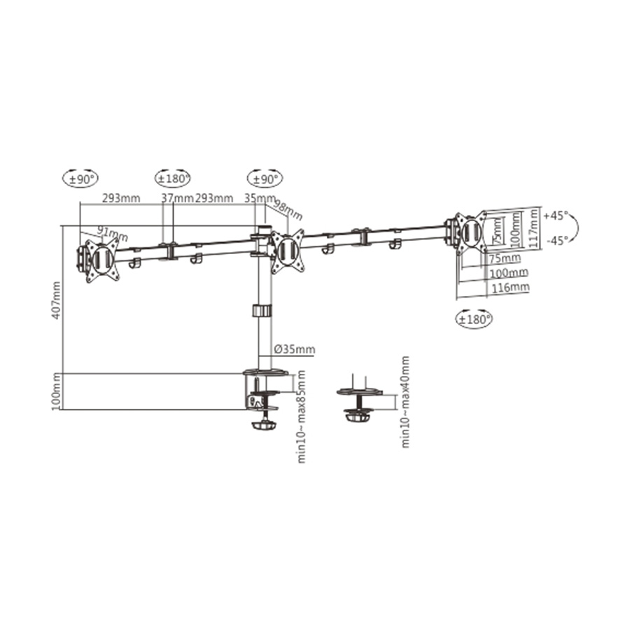 NOSAČ ZA TRI MONITORA GEMBIRD MA-D3-01, montaža na stol, (rotate, tilt, swivel), 17”-27”, up to 7 kg - Image 2