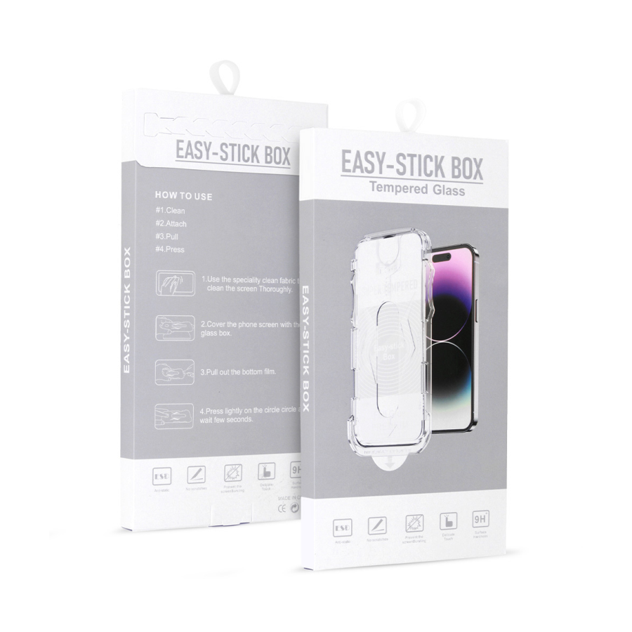 EASY-STICK KUTIJA SA PUNIM LEPKOM OD KALJENOG STAKLA ZA IPHONE 14 PRO CRNI