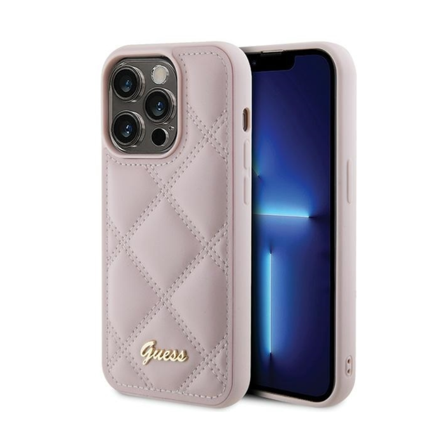 ORIGINALNA FUTROLA GUESS SA PROŠIVENIM METALNIM LOGOTIPOM GUHCP15LPSQSQSP ZA IPHONE 15 PRO ROZA