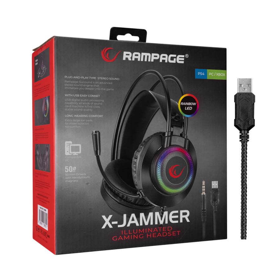 Slušalice sa mikrofonom gaming RAMPAGE RM-K27 X-JAMMER Rainbow RGB LED USB 3.5M PC - PS4-PS5-XBOX - Image 8
