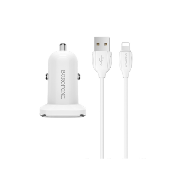 AUTO PUNJAČ BOROFONE BZ12 TRAJNO NAPAJANJE – 2XUSB – 2,4A SA USB NA LIGHTNING KABLOM BIJELI