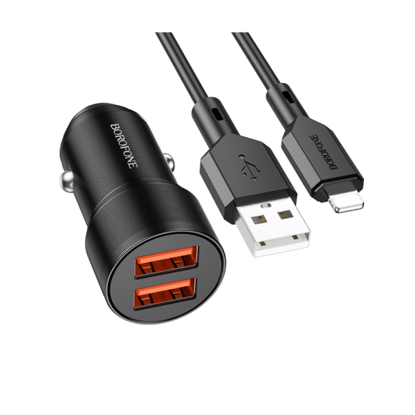 AUTO PUNJAČ BOROFONE BZ19 WISDOM – 2XUSB – 12W SA USB NA LIGHTNING KABLOM CRNI