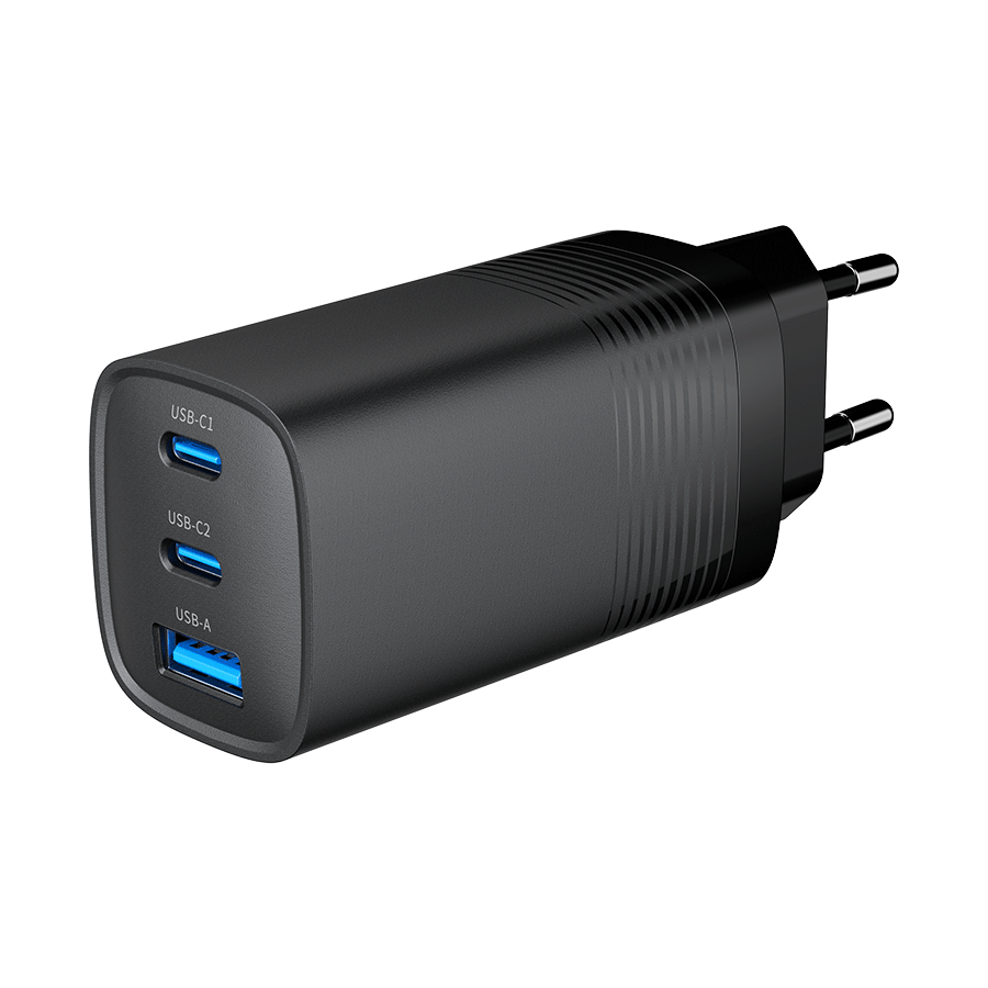 USB punjač 2xType-C + 1xUSB-A fast charger, 65W PD, back GEMBIRD, TA-UC-PDQC65-01-BK