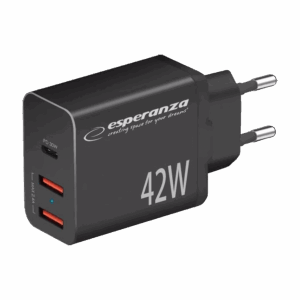 USB punjač Type-C + 2xUSB-A, ESPERANZA  QUICK POWER CHARGER 42W USB-C PD 30W / 2x USB-A 12W, EZC106K