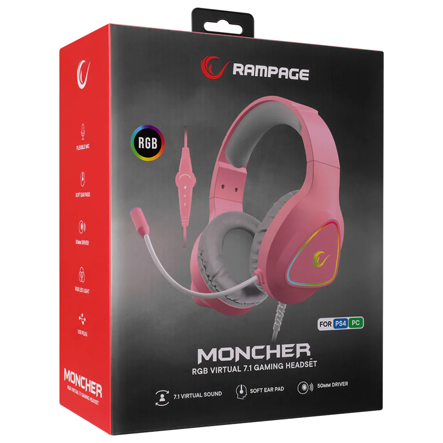 Slušalice sa mikrofonom gaming RAMPAGE M7 MONCHER pink, RGB LED, USB 7.1 - Image 8