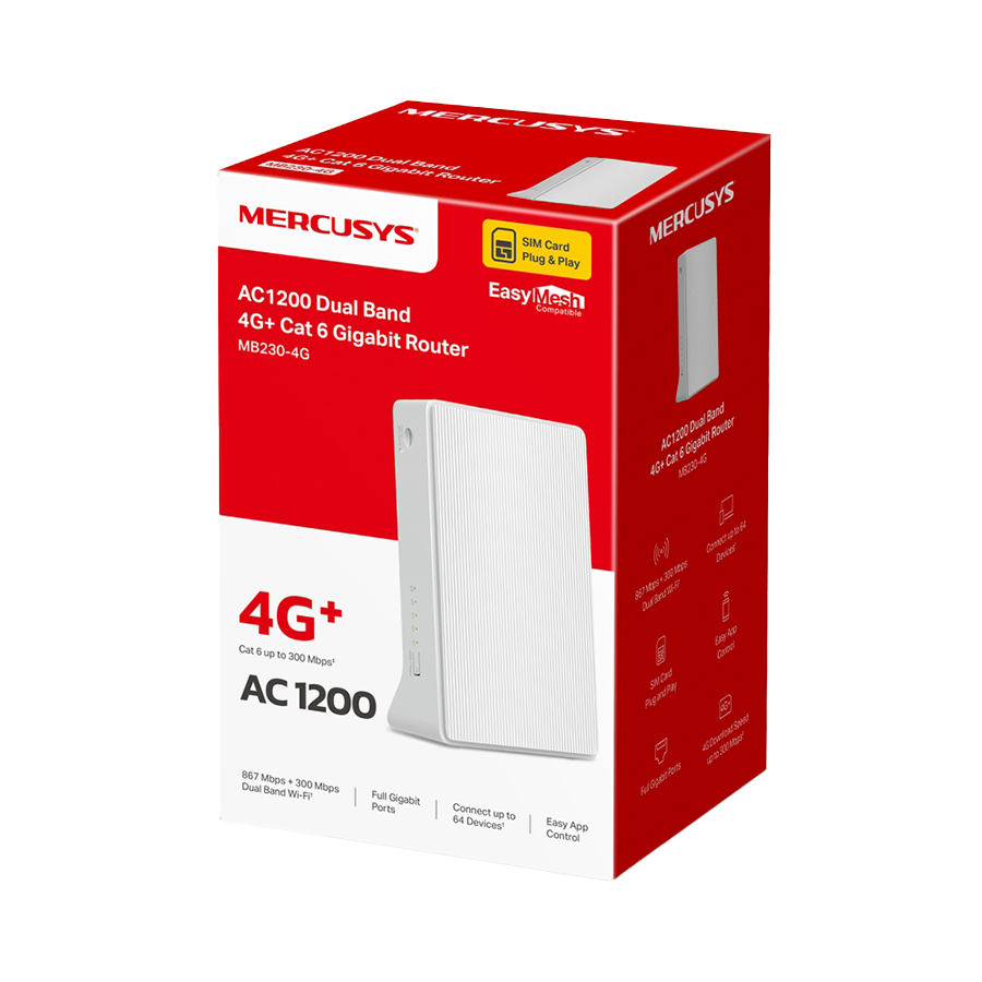ROUTER Mercusys MB230-4G AC1200 Wi-Fi 4G+ LTE Router, Build-In 300Mbps 4G LTE Modem, 2.4 GHz, 5 GHz, 4G+ Cat6 300/50 Mbps, Internal Anten. - Image 3