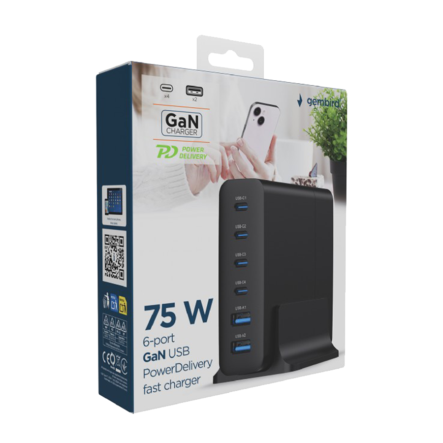 Power station USB brzi/quick punjač GEMBIRD, 6-port 75W GaN USB fast charger, black, Type-C, USB, TA-UC-2A4C-PD75-01-BK - Image 6