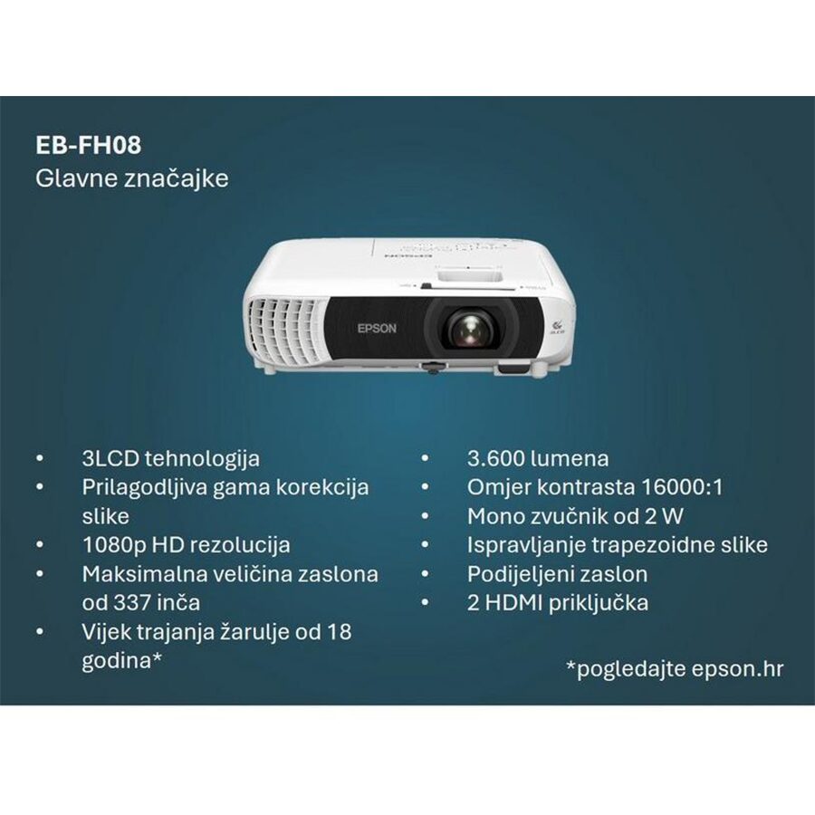 Projektor Epson EB-FH08 3LCD FullHD. kontrast 16.000 :1 3.600lum, Zvučnik 2W, 2xHDMI. USB. boja bijela - Image 5