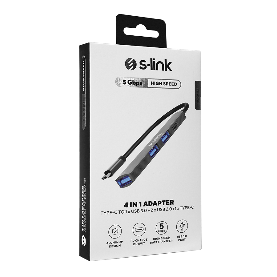 USB HUB S-link SWV-USBC023 4 in 1 Gray Metal TypeC to 2*USB2.0 USB 3.0, PD Type C Adapter, 39871 - Image 3