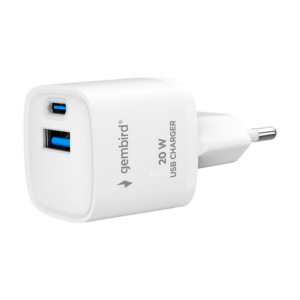 USB punjač 1xType-C + 1xUSB-A fast charger, 20W, white, GEMBIRD, TA-UC-PDQC20-W-01