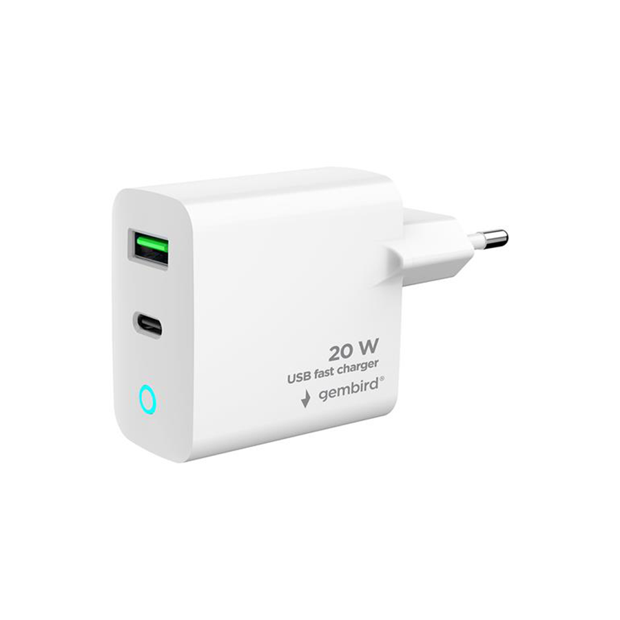 USB punjač 1xType-C + 1xUSB-A fast charger, 20W, white, LED, GEMBIRD, TA-UC-PDQC20L-W-01 - Image 2