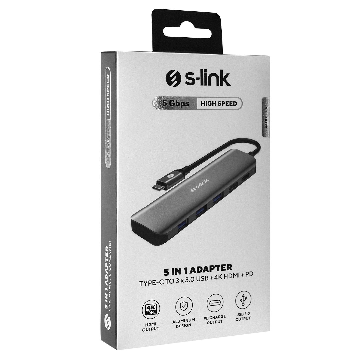 Docking station S-link SWV-USBC030 USB adapter Type-C HDMI 4K 30Hz Gray Metal Type-C to 3*USB3.0 6 in 1 1xPD Charger, 1xUSB-C Adapter, 39876 - Image 3