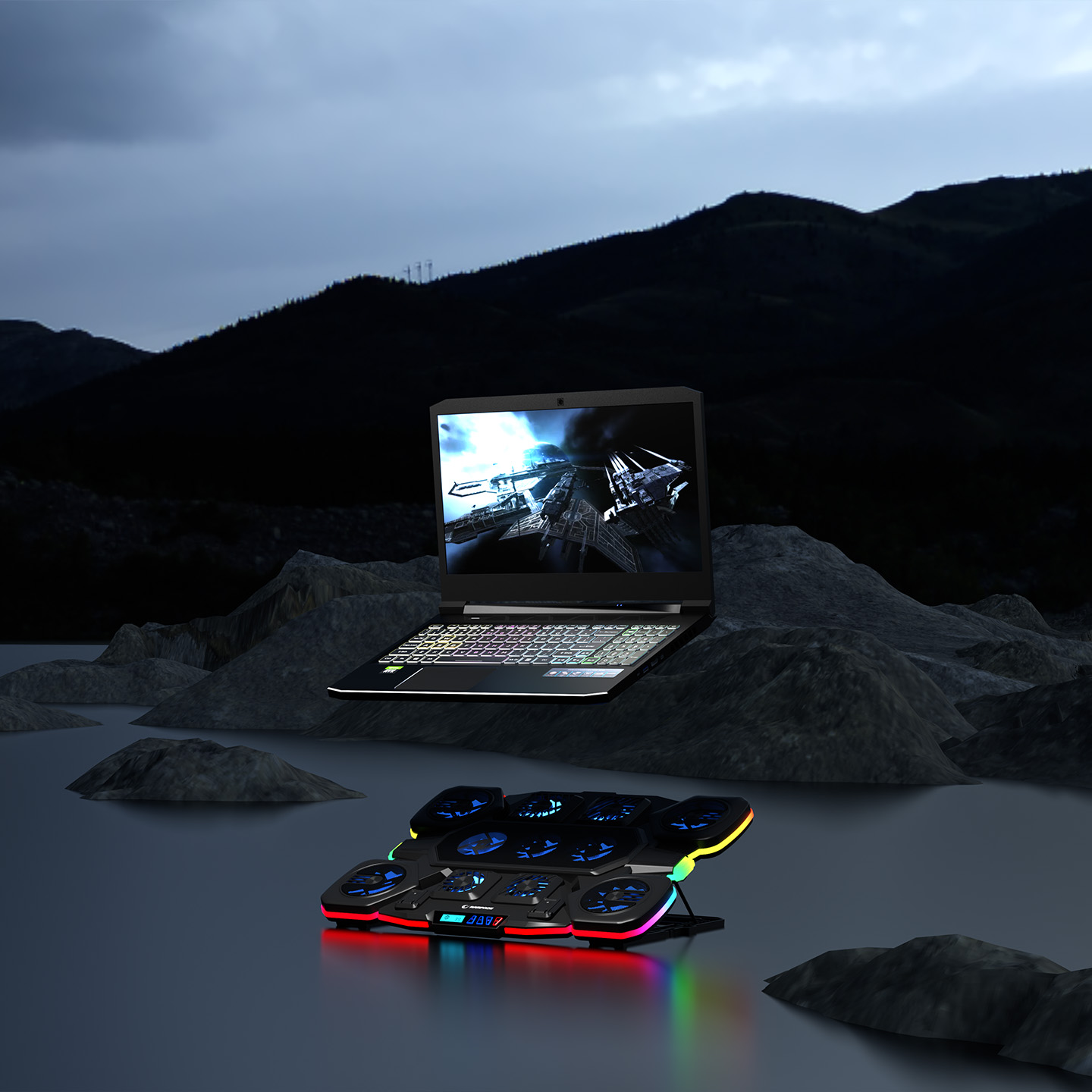 Postolje za notebook gaming RAMPAGE S50 Glacier Black RGB Lighting, 11 Fans, LCD Display, 1 Type C, 1 USB Port, 42328 - Image 6