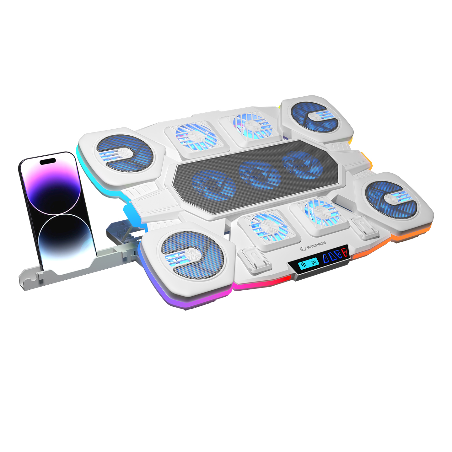 Postolje za notebook gaming RAMPAGE S50 Glacier White RGB Lighting, 11 Fans, LCD Display, 1 Type C, 1 USB Port, 43332 - Image 3