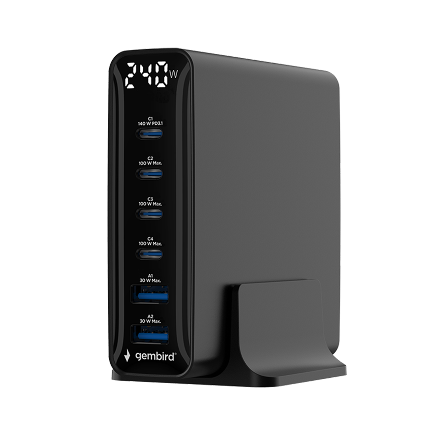 Power station USB brzi/quick punjač GEMBIRD, 6-port 240 W GaN USB fast charger, black, TA-UC-2A4C-PD240-01-BK