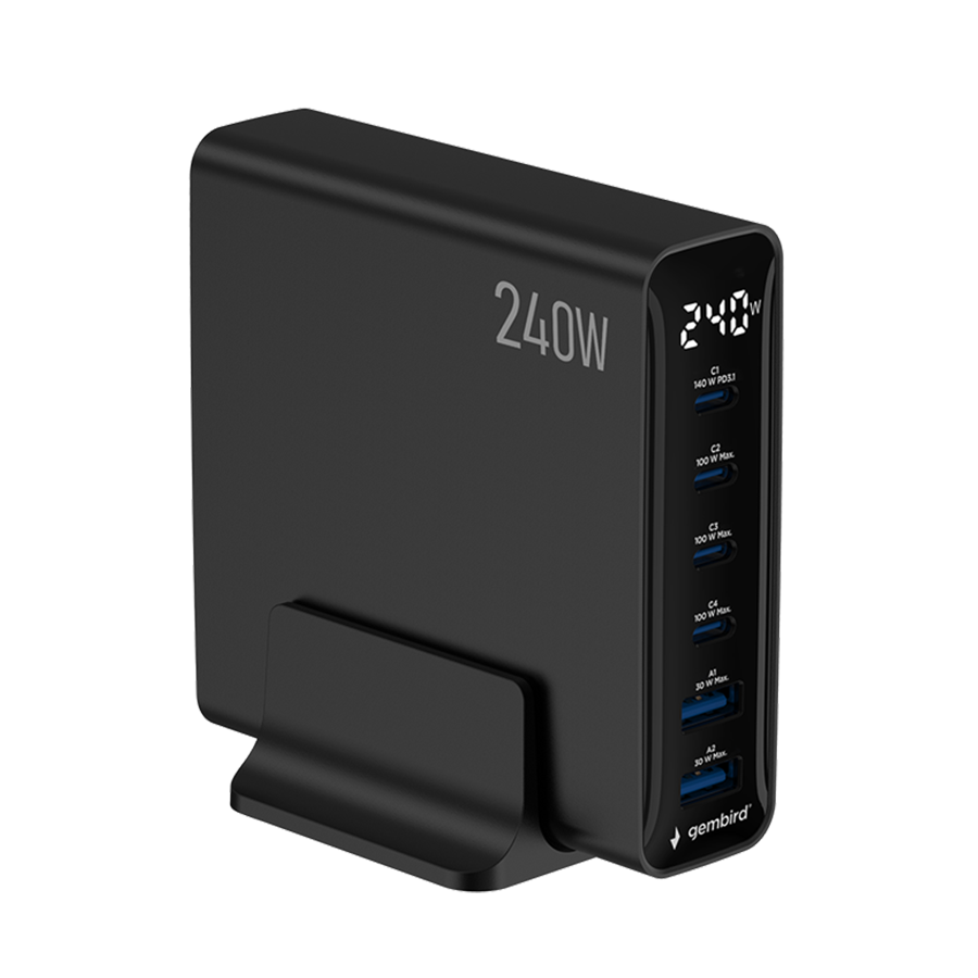 Power station USB brzi/quick punjač GEMBIRD, 6-port 240 W GaN USB fast charger, black, TA-UC-2A4C-PD240-01-BK - Image 2