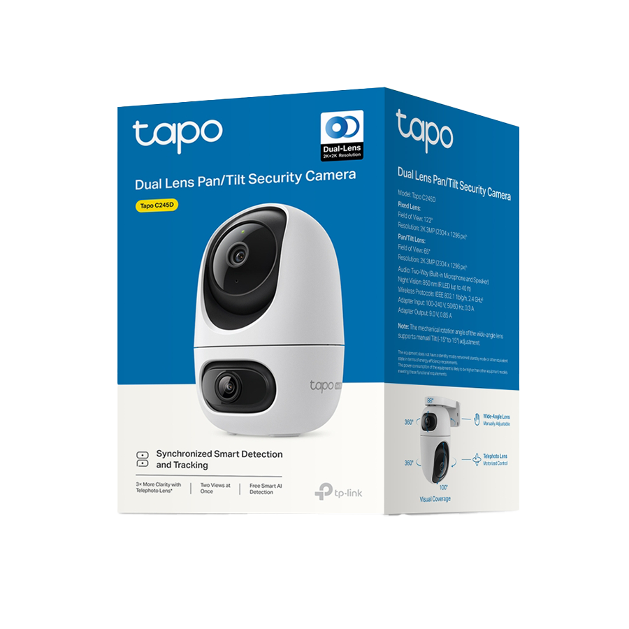 TP-Link Tapo-C245D Dual Lens Pan/Tilt Indoor/Outdoor Security Camera, 2K + 2K, 2.4 GHz, Smart AI Detec.Notif.Track - Image 2