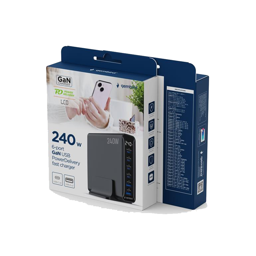 Power station USB brzi/quick punjač GEMBIRD, 6-port 240 W GaN USB fast charger, black, TA-UC-2A4C-PD240-01-BK - Image 3