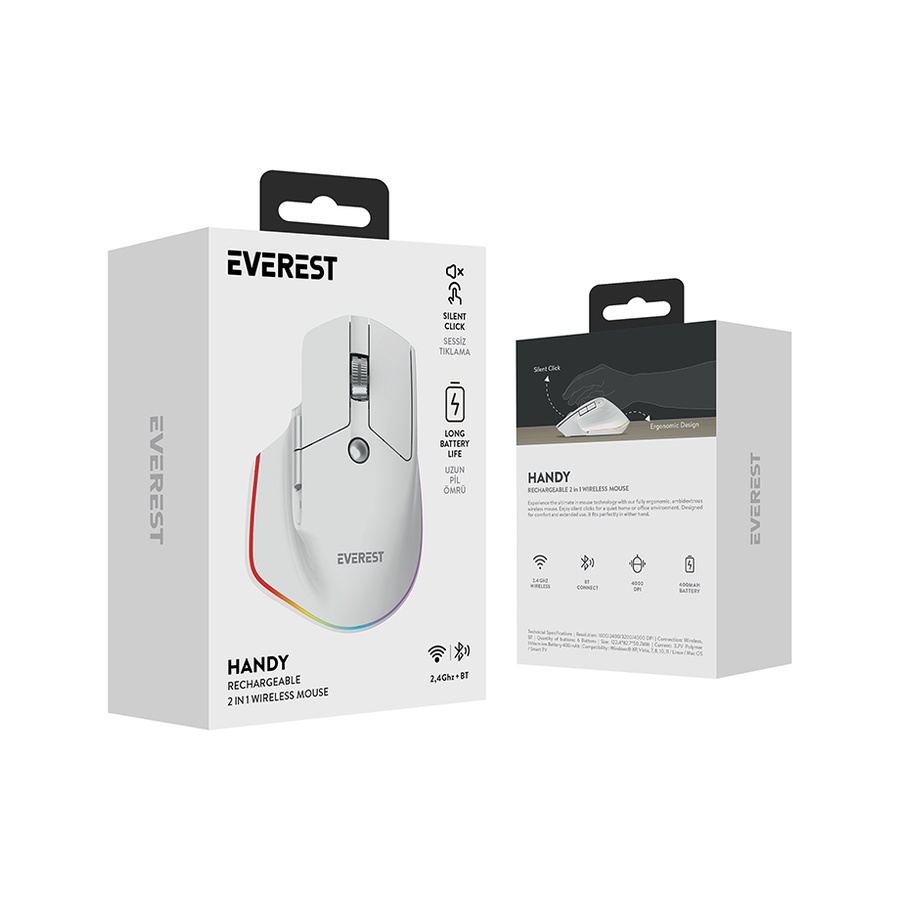 Miš Everest SMW- 178 Handy 2in1 Bluetooth 2,4GHz White Rechargeable 4000 DPI Horizontal/Vertical Wheel Ergonomic RGB Mouse, 41043 - Image 7