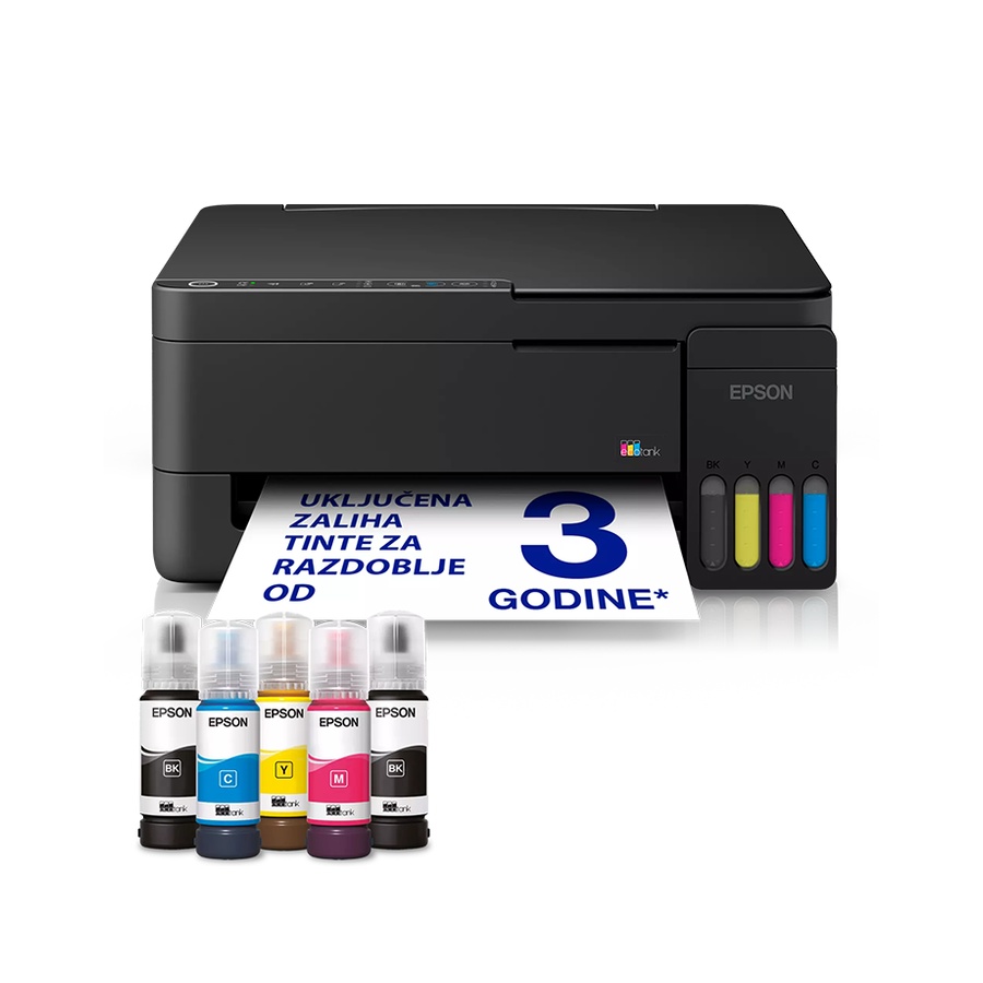 Printer EPSON EcoTank L3351 print/scan/copy Rez.5.760 x1.440 dpi. 33str/min Monokrom.15str/min Colour. USB, LAN.WiFi. Crno-siva boja. tinte br.103