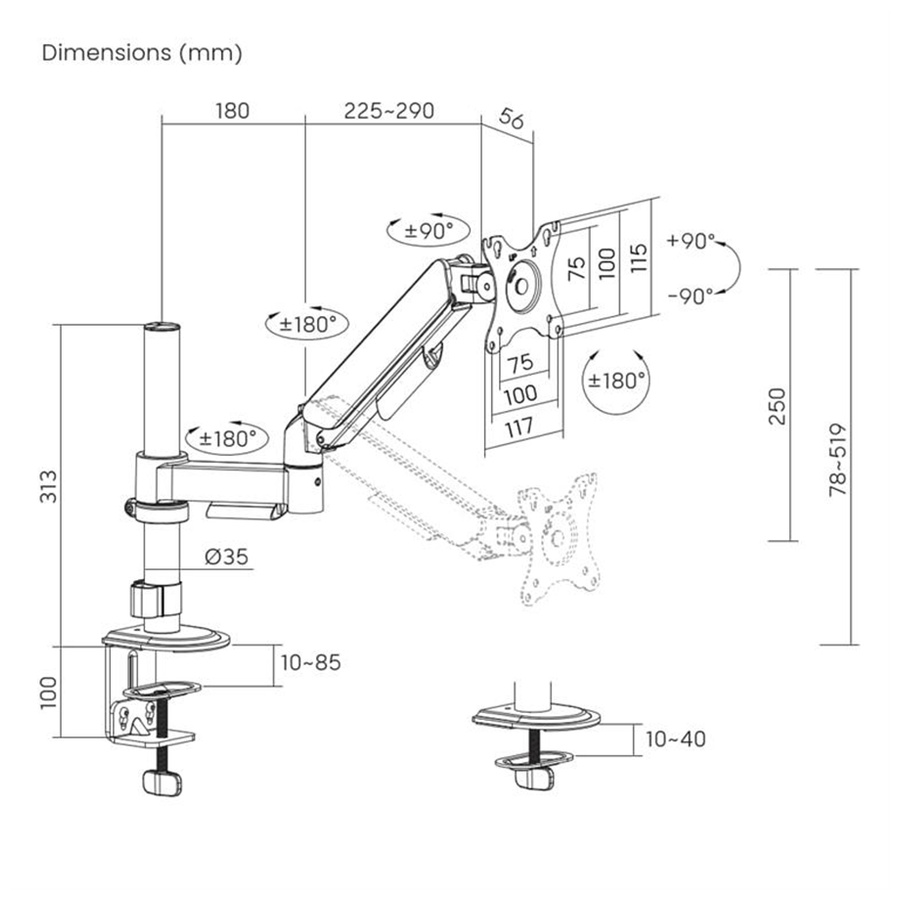 NOSAČ ZA MONITOR GEMBIRD MA-DA1P-02, Adjustable desk display mounting arm, 17”-32”, do 9kg - Image 5