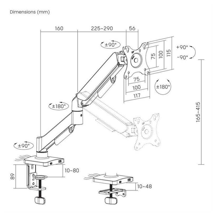 NOSAČ ZA MONITOR GEMBIRD MA-DA1U-01, Adjustable desk display mounting arm with USB ports, 17”-32”, do 9kg - Image 5