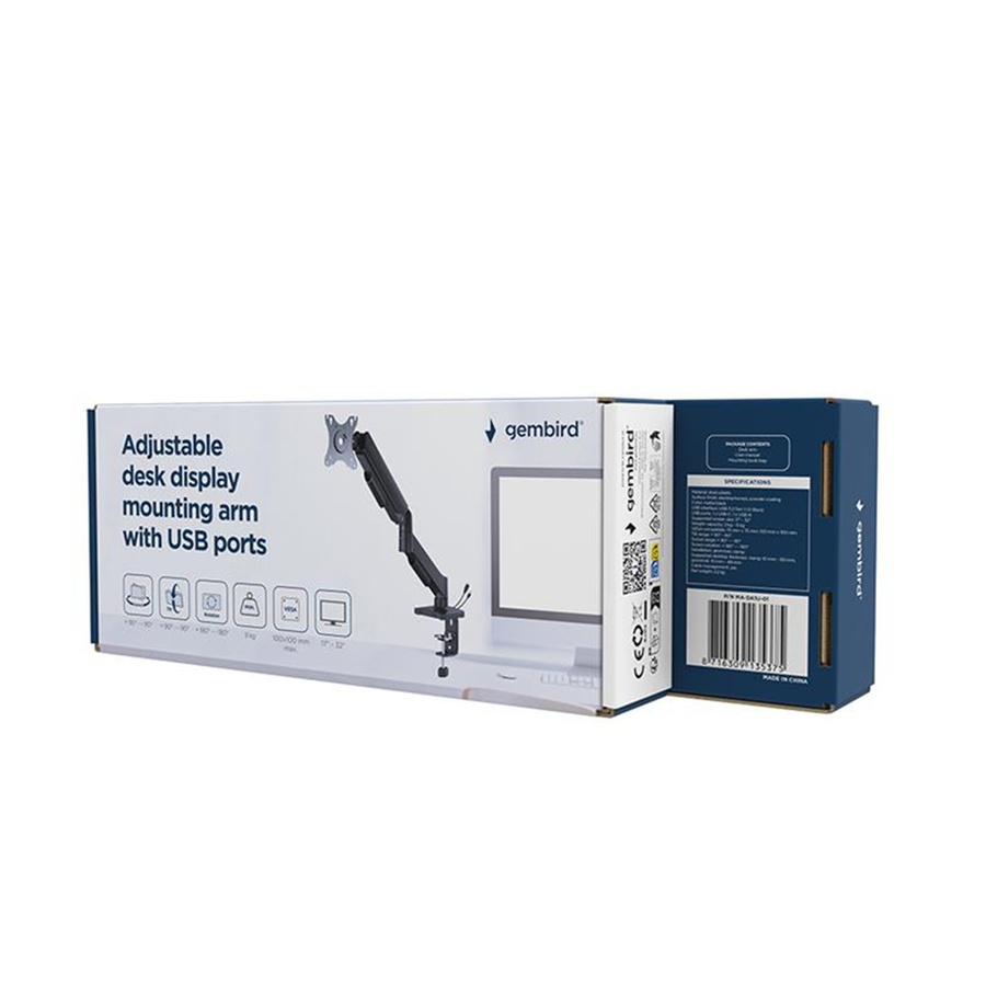 NOSAČ ZA MONITOR GEMBIRD MA-DA1U-01, Adjustable desk display mounting arm with USB ports, 17”-32”, do 9kg - Image 6