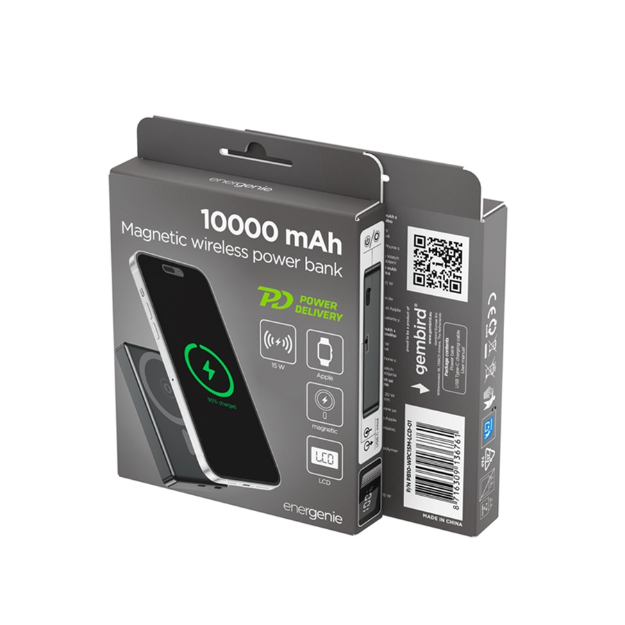 Gembird Powerbank, PB10-WPC15M-LCD-01, 15 W Magnetic wireless powerbank with LCD, 10000 mAh, black - Image 6